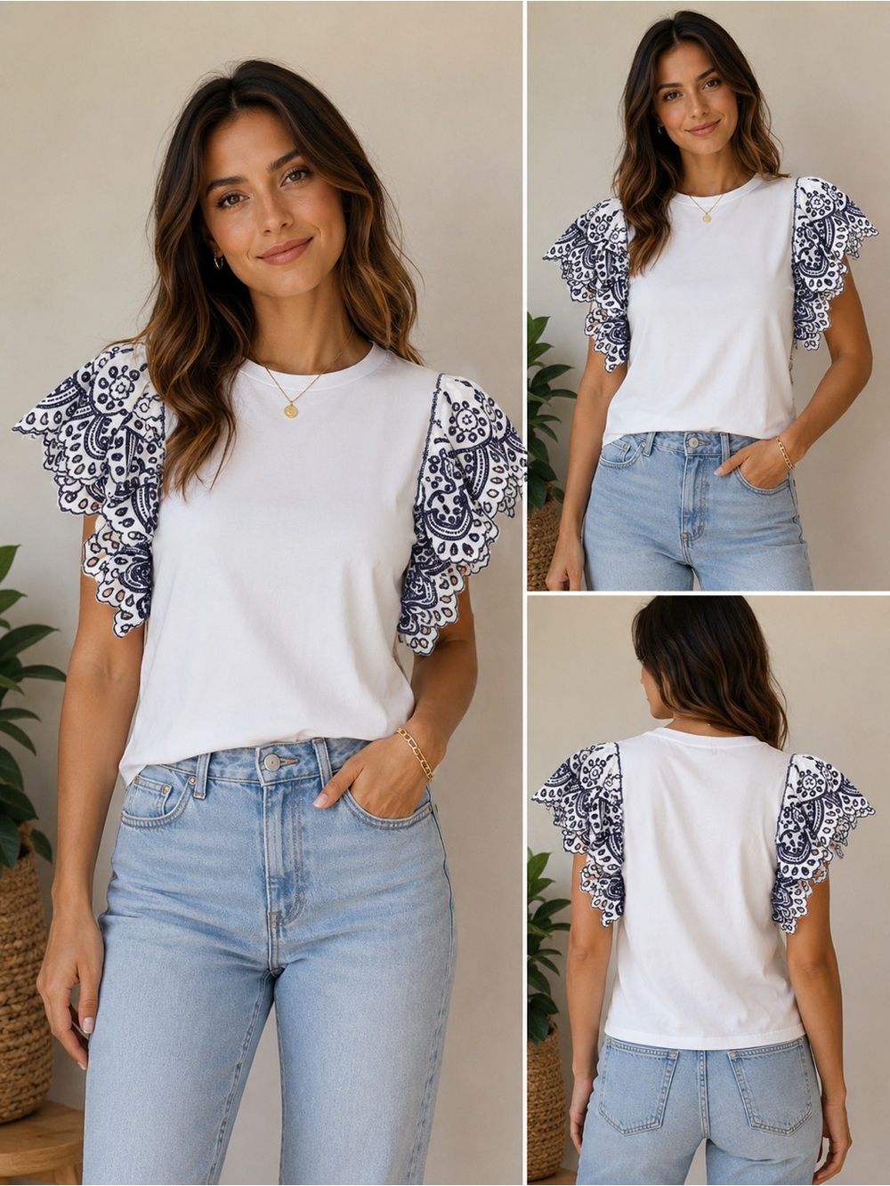 Veronica Beard Julianka Top Ruffled Sleeve embroidered Trim White Sz XS